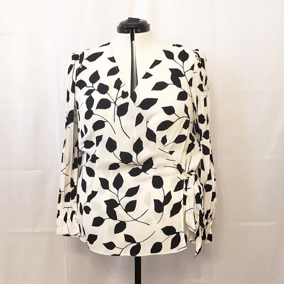 Talbots Feminine Crossbody Wrap Blouse Black & White Leaf Design, Size 1X - Picture 2 of 12